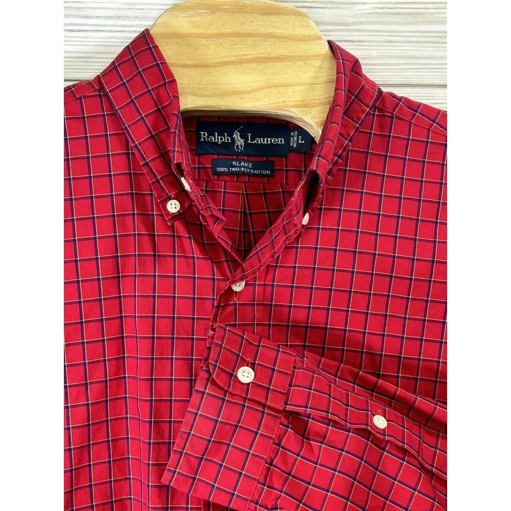 Ralph Lauren Blake Men's 100% Cotton Button Down Shirt Red‎ Blue Check Sz Lg